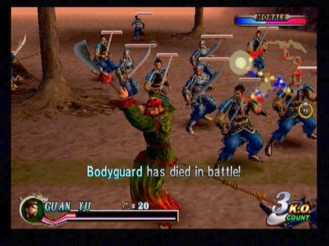 Dynasty Warriors 2 (PlayStation 2) screenshot: How heroes go. Throwing yourself in the midst of enemy hordes is a good way to lose bodyguards...and your own life as well. Nevertheless, it is incredibly fun.