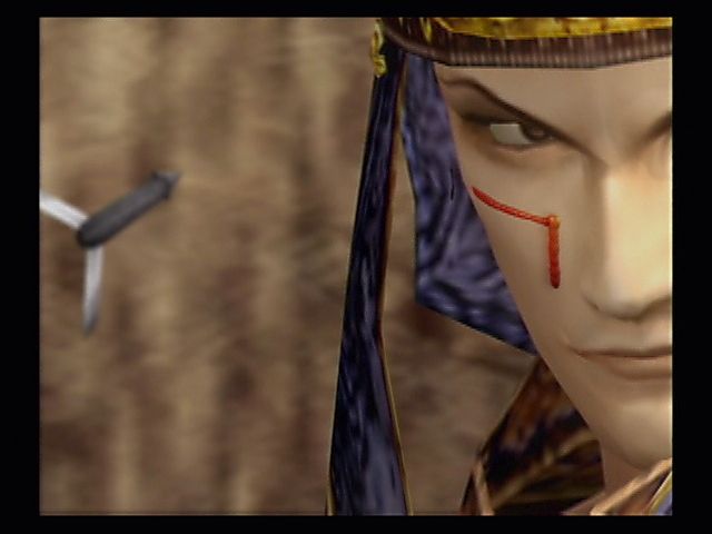 Dynasty Warriors 3 (PlayStation 2) screenshot: You could've poked my eye out! Sima Yi just barely avoids an arrow in a cut-scene.