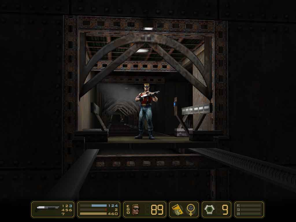 Duke Nukem: Manhattan Project (Windows) screenshot: Duke riding a platform