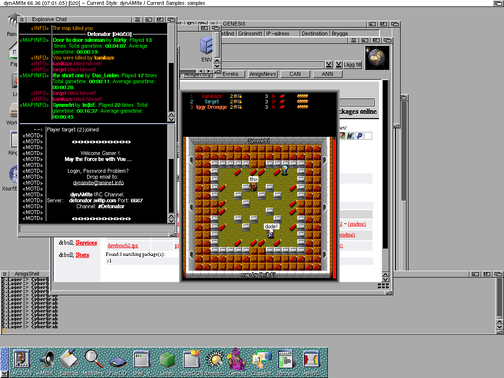 Dynamite (Amiga) screenshot: Bots make witty remarks in speech balloons