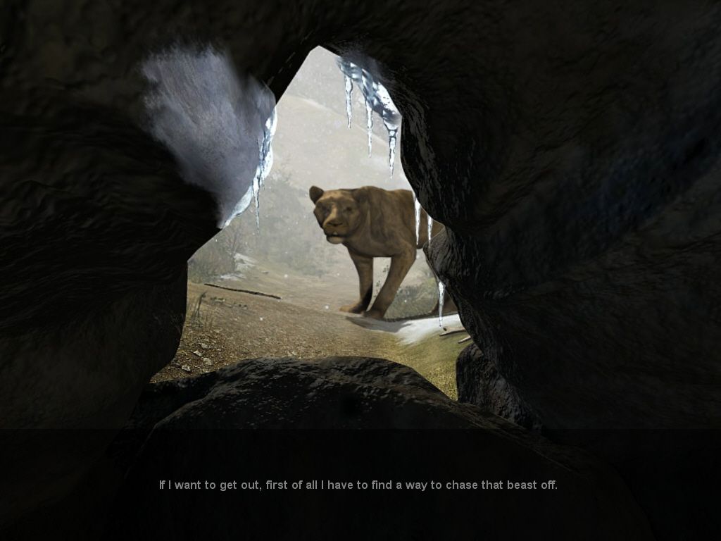 Echo: Secrets of the Lost Cavern (Windows) screenshot: This lion traps the hero, Arok, in a cavern at the very beginning.
