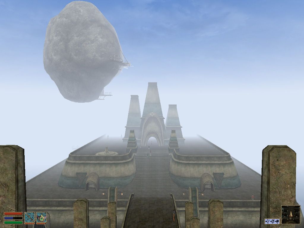 The Elder Scrolls III: Morrowind (Windows) screenshot: The capital city of Vivec, complete with captured moon
