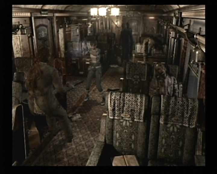 Resident Evil 0 (GameCube) screenshot: Rebecca teaching the zombies some manners.