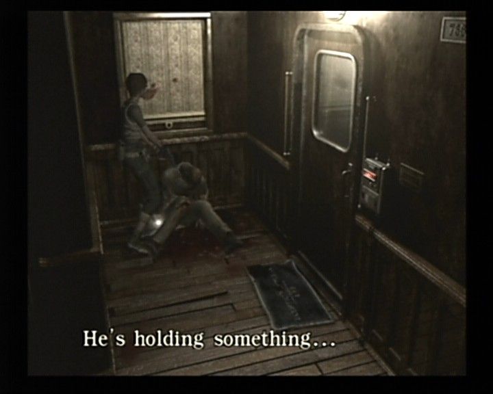 Resident Evil 0 (GameCube) screenshot: Key items will usually glow, but ordinary objects such as ammo or healing herbs will only glow after you look at them.