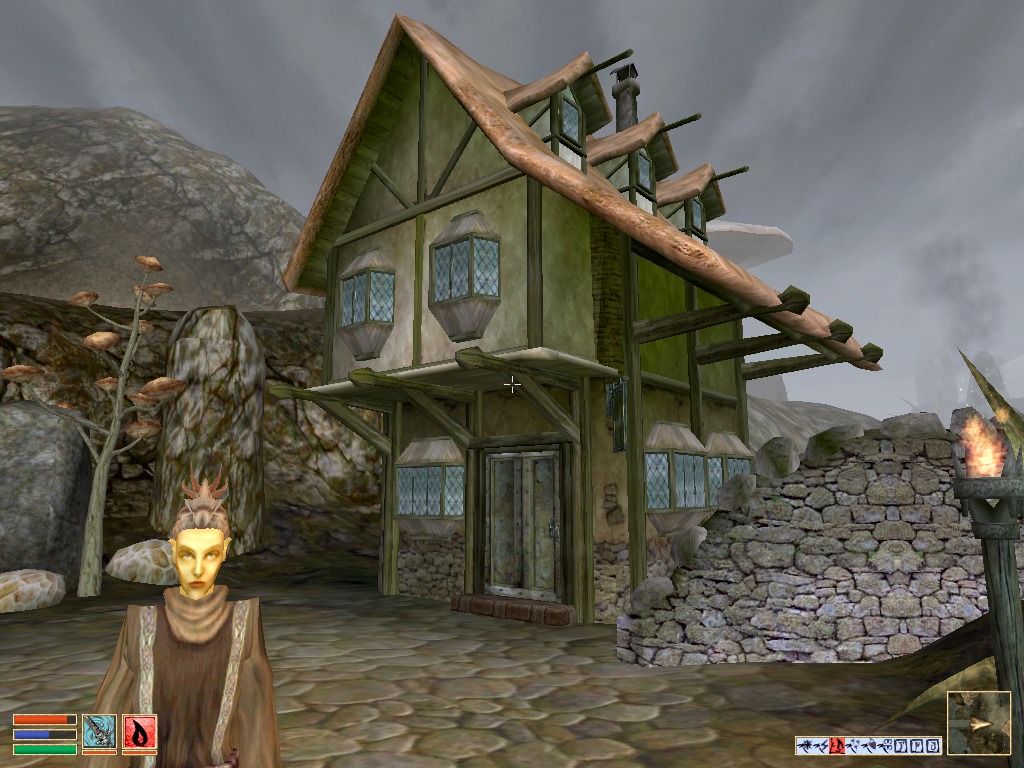 The Elder Scrolls III: Morrowind (Windows) screenshot: Morrowind features splendid graphics and detailed architecture, outdoors...