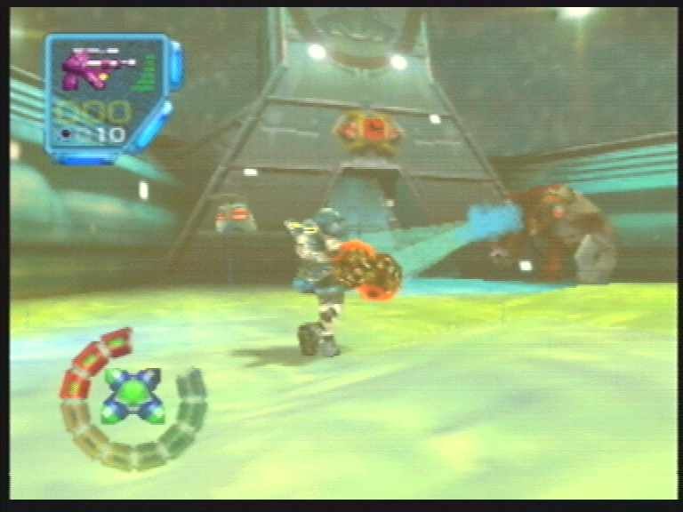 Jet Force Gemini (Nintendo 64) screenshot: Juno gets blasted by a big fat armoured insectoid