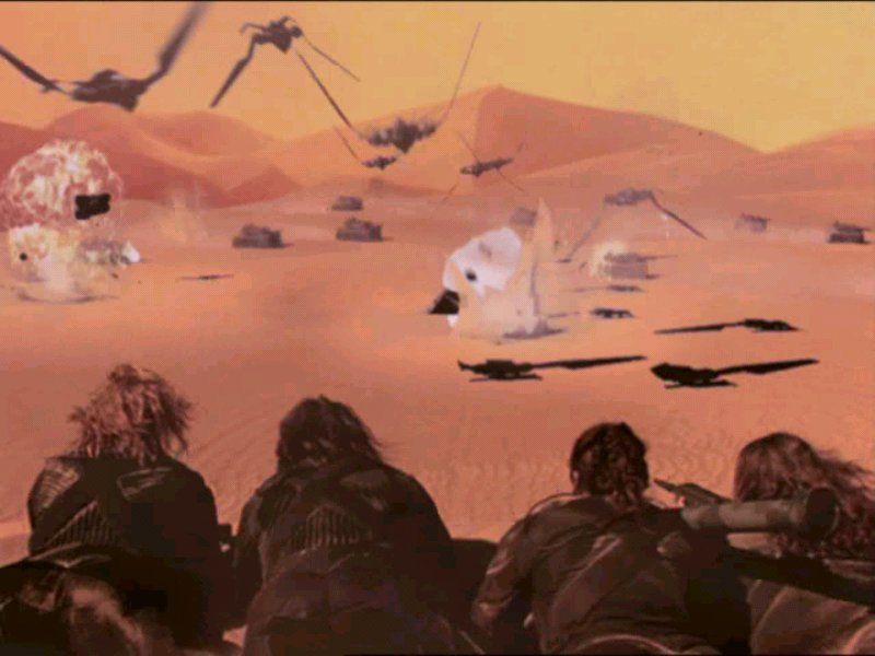 Emperor: Battle for Dune (Windows) screenshot: Atreides ornithopters saving the Fremen scouts.