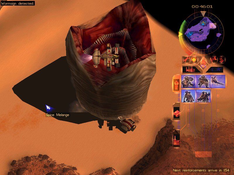 Emperor: Battle for Dune (Windows) screenshot: When it says 'worm sign' it's usually too late.