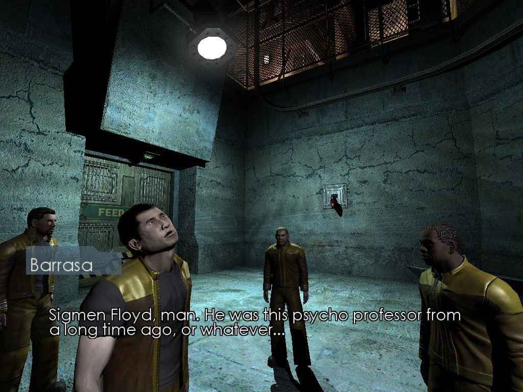 The Chronicles of Riddick: Escape from Butcher Bay (Windows) screenshot: Riddick gets sent to Double Max. The inmates here love to chat with each other, when they're not plotting to kill each other.