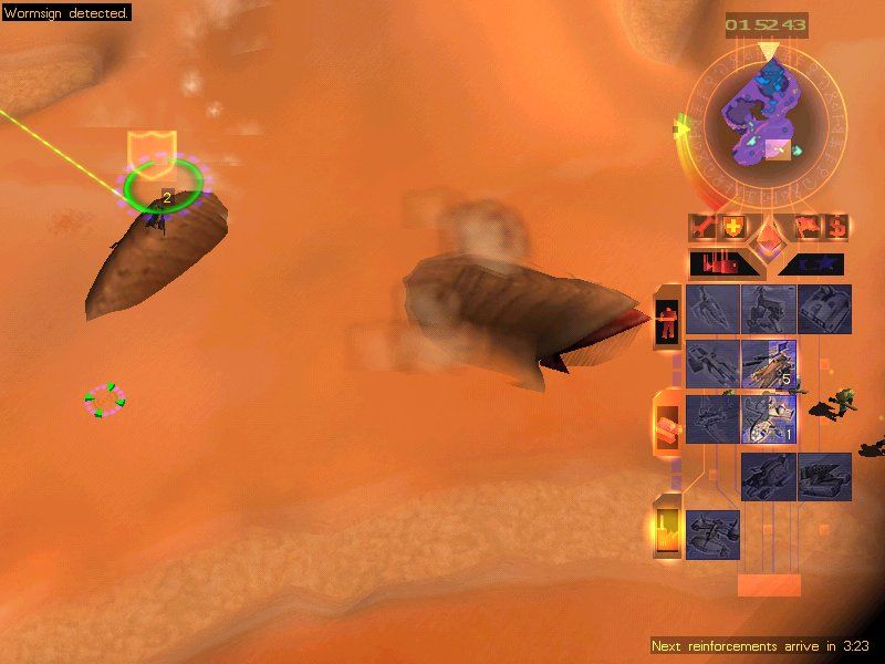 Emperor: Battle for Dune (Windows) screenshot: With elite Fremen units, you can even call and ride smaller worms :)) Isn't that what we all awaited!?
