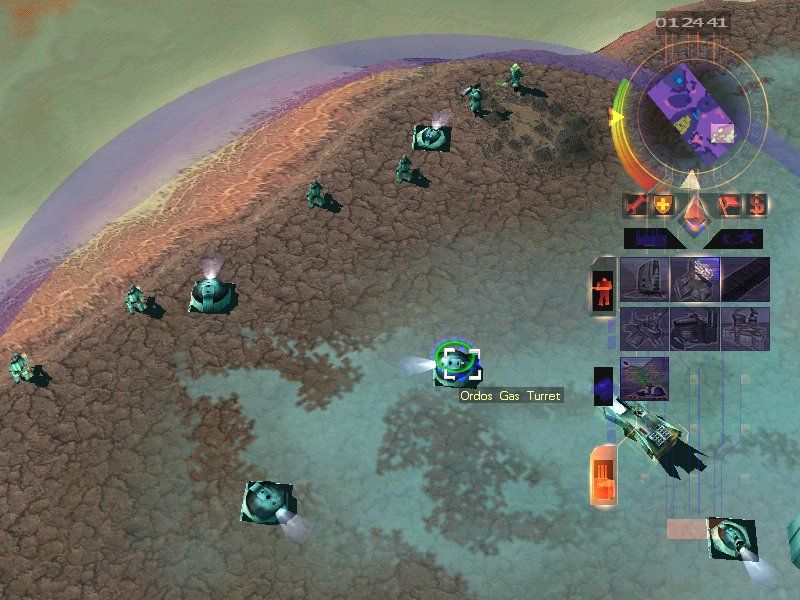 Emperor: Battle for Dune (Windows) screenshot: When you point upon some bunker, you'll see its fire-range.