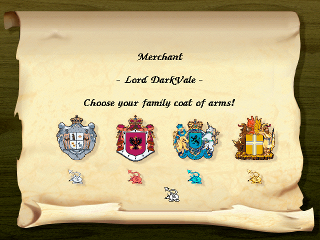 Gloriana (DOS) screenshot: Selecting family coat of arms. This has no apparent difference, except the symbol and color of your mouse pointer.