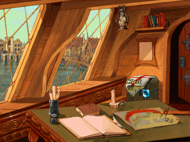 Gloriana (DOS) screenshot: Your cabin - Here you can save/load your game, access your ship/merchandise information or access sea travel. You can even turn on or turn off your lamp...for no apparent reason.