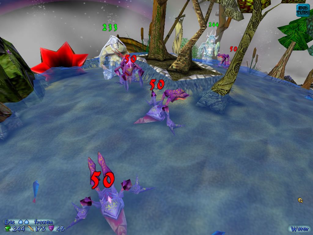 End of Twilight (Windows) screenshot: The creatures on the water island wield tricky ice magic.