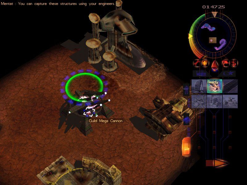 Emperor: Battle for Dune (Windows) screenshot: As much as it seems huge and terrifying, I've taken care of this cannon with only a couple of Fremen elite warriors.