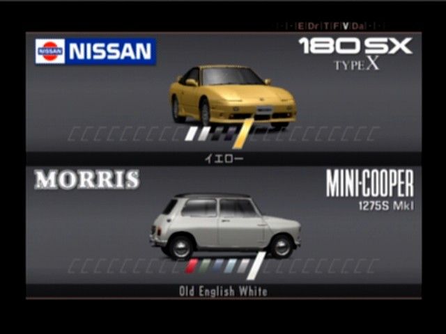 Enthusia: Professional Racing (PlayStation 2) screenshot: Selecting car and color for a versus mode (two gamepads are required to be able to run VS mode)