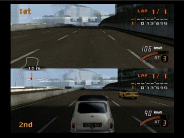 Enthusia: Professional Racing (PlayStation 2) screenshot: Players can either drive in 1st-person (top) or 3rd-person (bottom)