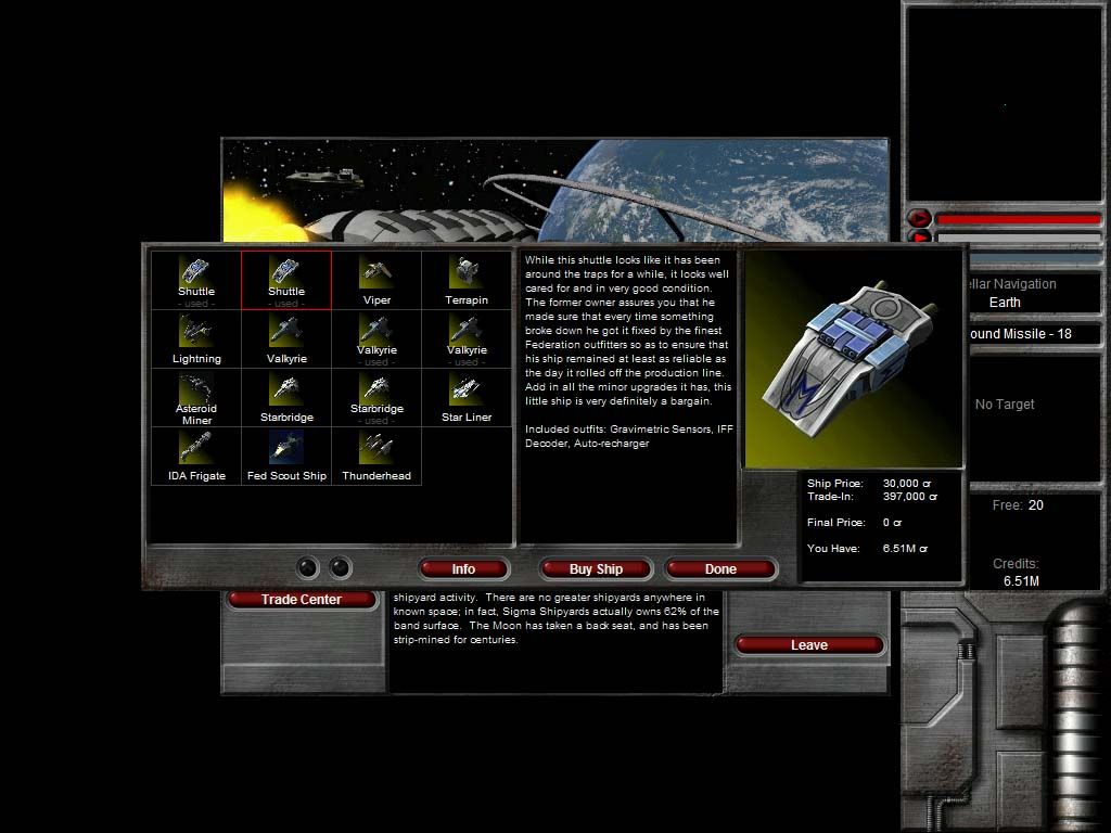 Escape Velocity Nova (Windows) screenshot: Perusing the available ships on a given day on Earth.
