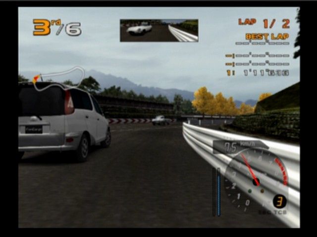 Enthusia: Professional Racing (PlayStation 2) screenshot: Looks too tight to squeeze (note in 1st-person you have back mirror to see what's happening behind you)