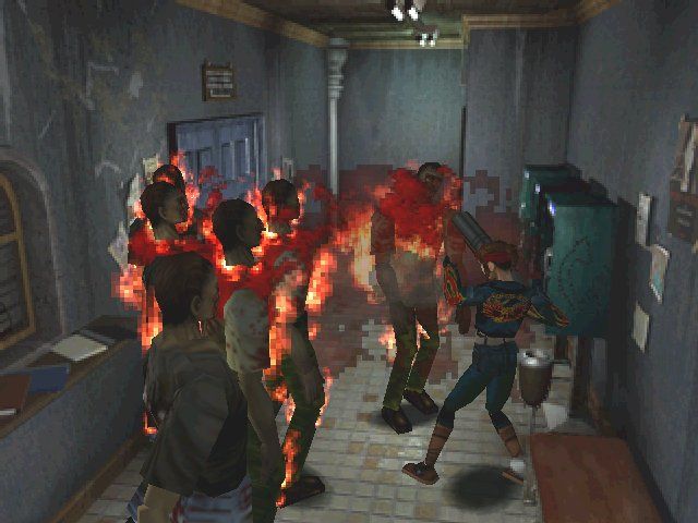 Resident Evil 2 (Windows) screenshot: Claire sets fire to a mob of zombies with Jill's grenade launcher