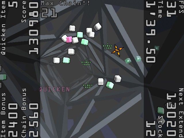 Every Extend (Windows) screenshot: You can collect "quicken" capsules from purple cubes, which will increase the frequency and speed of enemies.