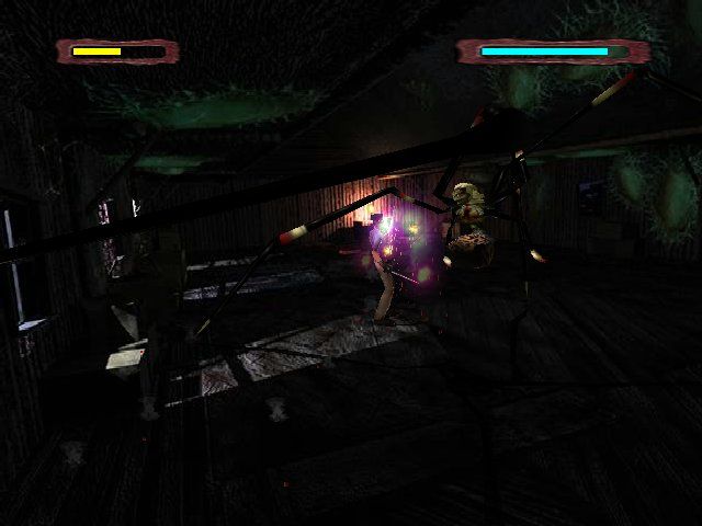Evil Dead: Hail to the King (Windows) screenshot: Hail to the King's first boss battle, against poor old granny whose been mutated into a spider deadite