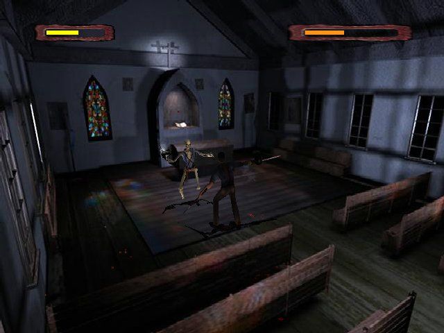 Evil Dead: Hail to the King (Windows) screenshot: Ash battles his skeletal doppleganger inside the church. Unintentional Ecstatica reference, maybe?