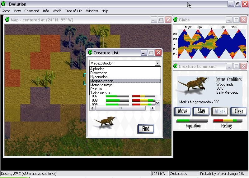 Evolution: The Game of Intelligent Life (Windows) screenshot: A list of all your creatures