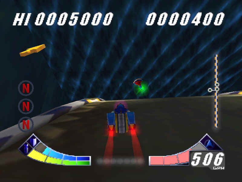 Extreme-G: XG2 (Windows) screenshot: How about perfecting your shooting skills in arcade mode? We bet you can't shoot that drone while going as fast as 506 gph! We dare you!