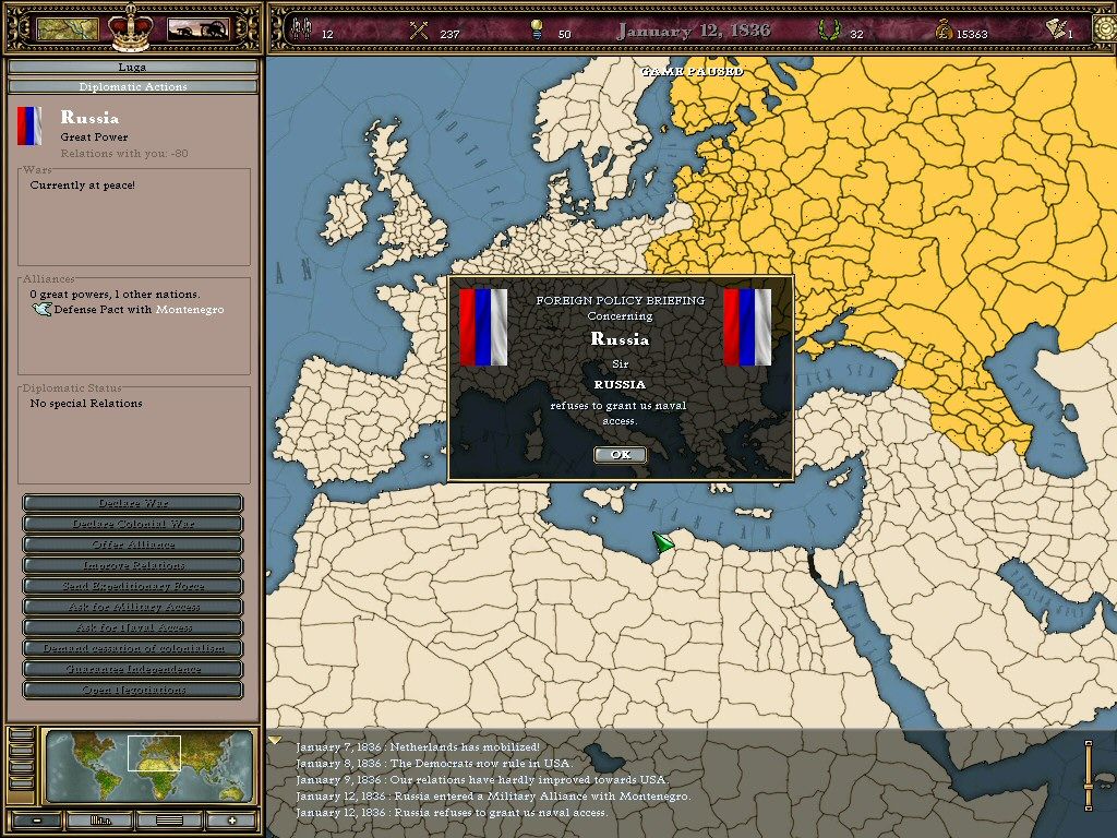 Victoria: An Empire Under the Sun (Windows) screenshot: Diplomatic with the Russians