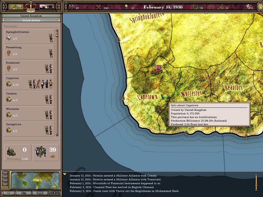 Victoria: An Empire Under the Sun (Windows) screenshot: Cape Town,- a UK colony