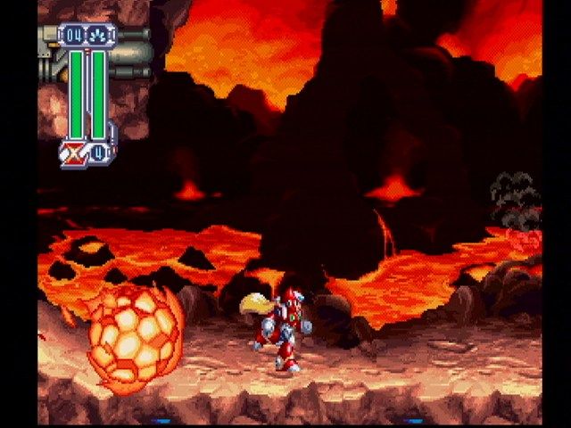 Mega Man X4 (PlayStation) screenshot: Zero versus the Volcano