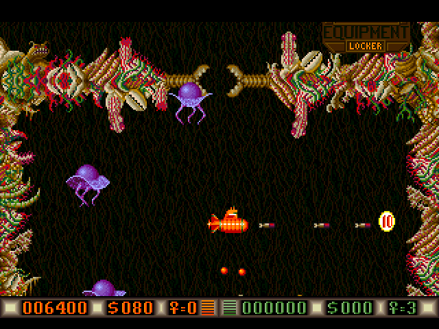 Blood Money (Amiga) screenshot: Shooting some creatures leaves coins behind