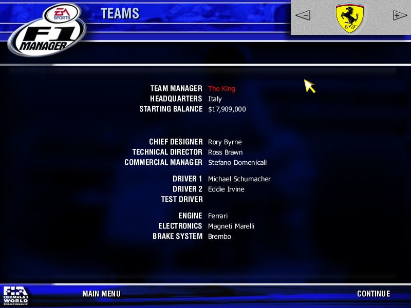 F1 Manager (Windows) screenshot: Team selection screen. We choose Ferrari of course...