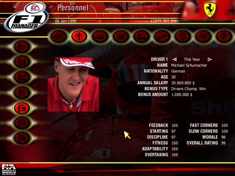 F1 Manager (Windows) screenshot: Schumi could use some discipline...