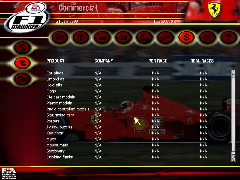 F1 Manager (Windows) screenshot: Hmmm... I wonder how many mouse mats we will sell this year.
