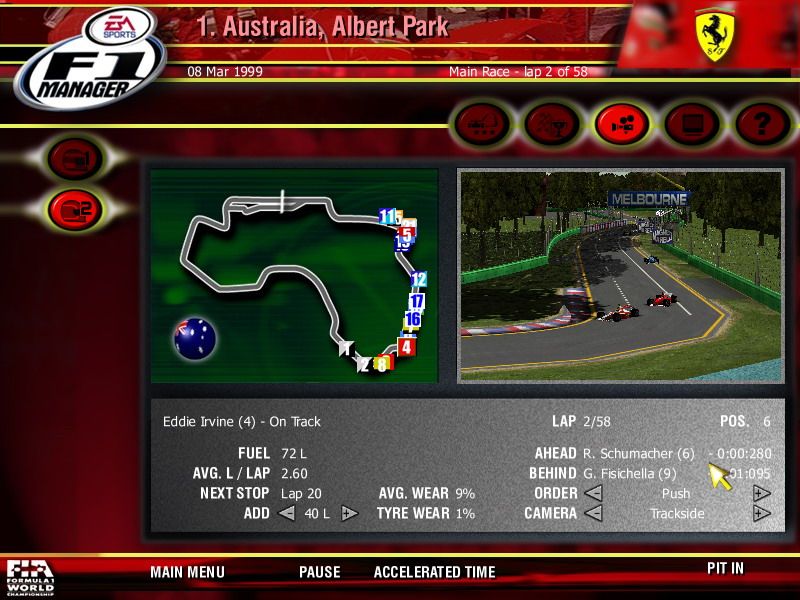 F1 Manager (Windows) screenshot: The race starts! Let's order Irvine to push...