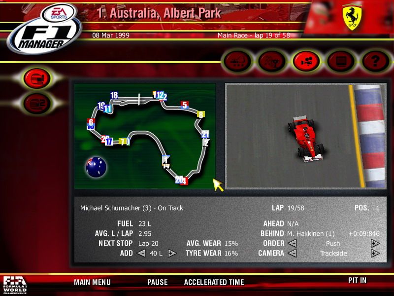 F1 Manager (Windows) screenshot: Schumi chasing the elusive finn.