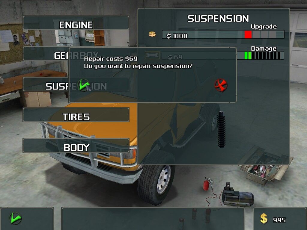 Tough Trucks: Modified Monsters (Windows) screenshot: Repairing truck in garage
