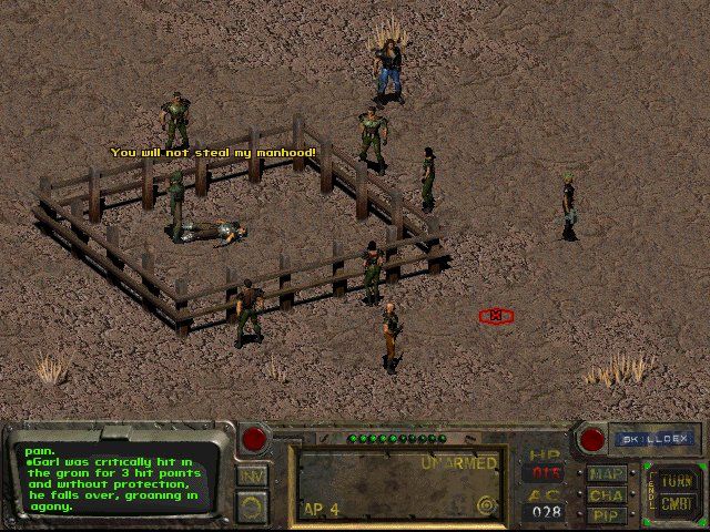 Fallout (Windows) screenshot: One-on-one brawl with the raider leader (called shots to the groin help alot).