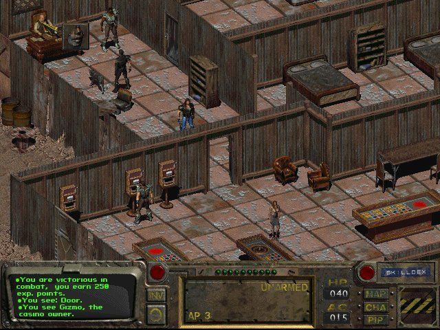 Fallout (Windows) screenshot: Gizmo's casino. Not much of a criminal empire, but it's a start
