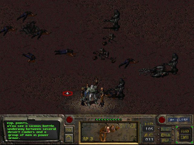 Fallout (Windows) screenshot: The heavily armed Brotherhood of Steel makes short work of some desert raiders