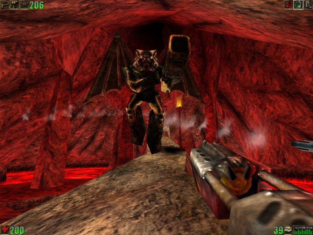 Unreal (Windows) screenshot: Deep in the bowels of the earth you battle the winged Demonlord. Rocket launcher for an arm? Why do they ALWAYS have a rocket launcher for an arm?