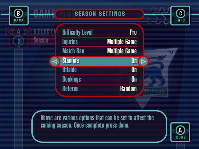 The F.A. Premier League Stars 2001 (Windows) screenshot: Setting league options
