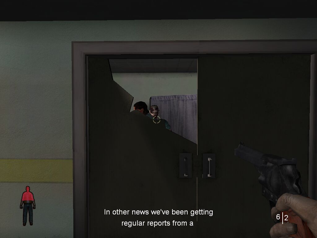 Land of the Dead: Road to Fiddler's Green (Windows) screenshot: Zombies will break down doors to get to you. The text is from a nearby radio.