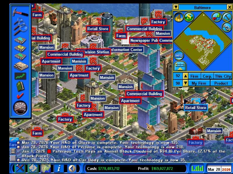 Trevor Chan's Capitalism II (Windows) screenshot: All the buildings with a red border belong to me; blue is my competitor, gray is the city.