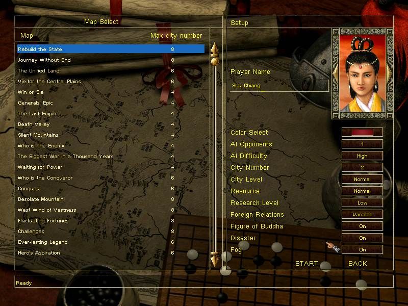 Fate of the Dragon (Windows) screenshot: So many choices. Skrimishes allow you to play on any of the maps in the game, plus create your own leader...including female ones.