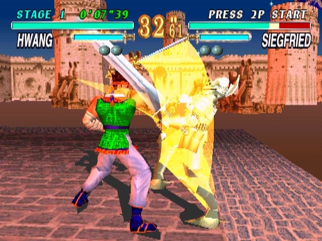 Soul Blade (PlayStation) screenshot: Who needs lightsaber? Special attacks, like Hwang's here, are often pretty, and many are fairly easy to learn.