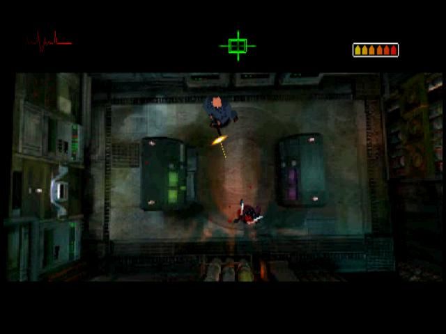 Fear Effect (PlayStation) screenshot: Boss battle. The bullets in the upper right corner are the boss' HP
