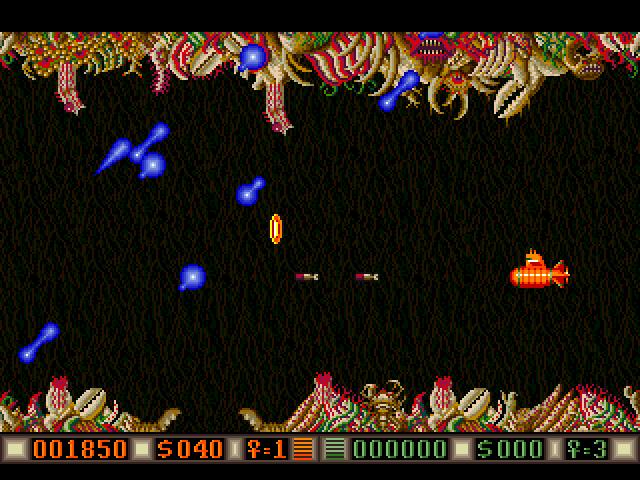 Blood Money (Amiga) screenshot: Shoot creatures, then collect coins to earn money